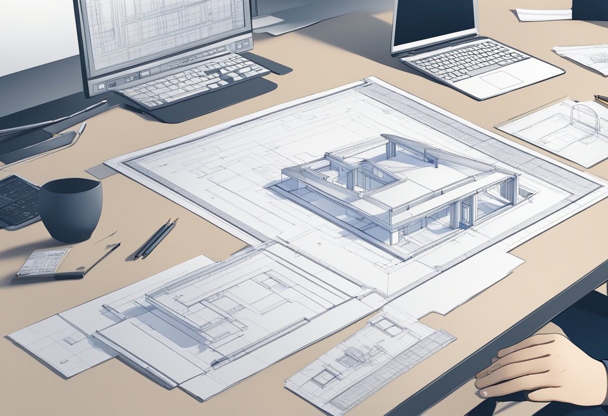 A person drawing blueprints for a house, with a ruler, pencil, and paper spread out on a desk. A computer screen displays architectural software