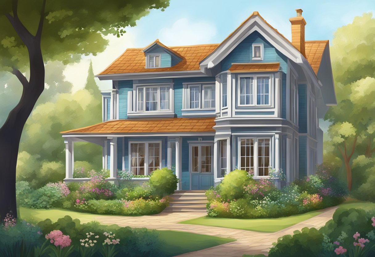 An old detached house with a charming exterior, surrounded by a lush garden and mature trees