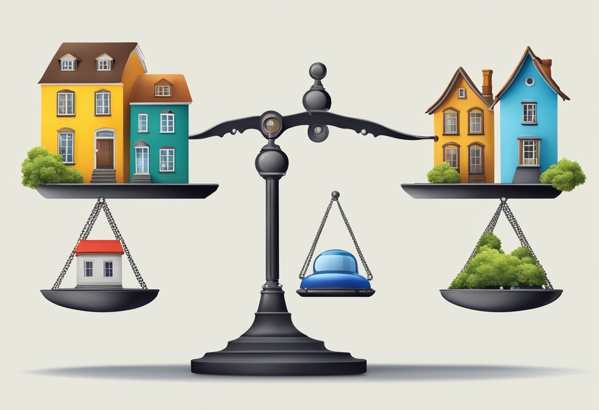 A scale balancing new and old houses, surrounded by question marks and risk symbols