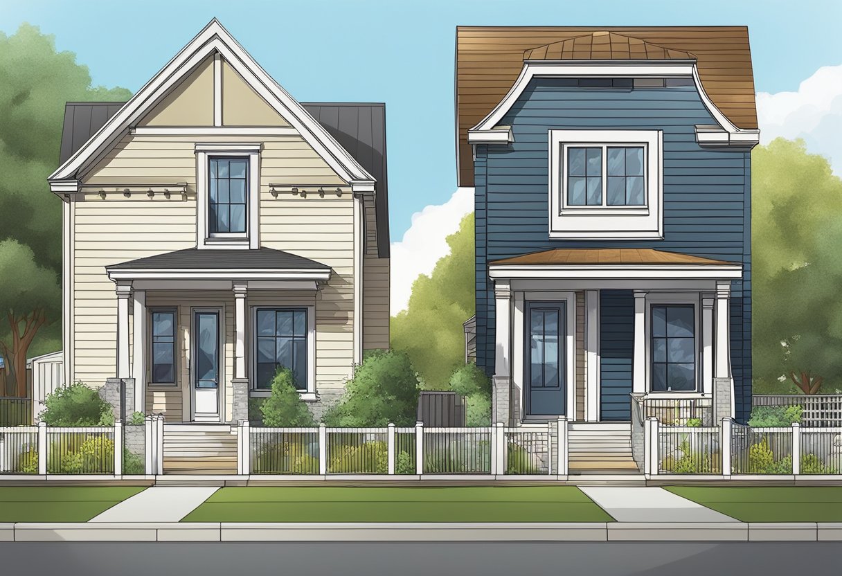 A modern, newly built house stands next to an old, traditional single-family home. The contrast between the two styles is evident
