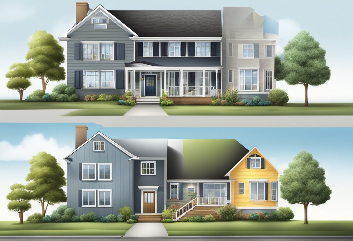 A comparison of a new and old house, with a scale tipping towards the new build. Different features highlight the advantages of each