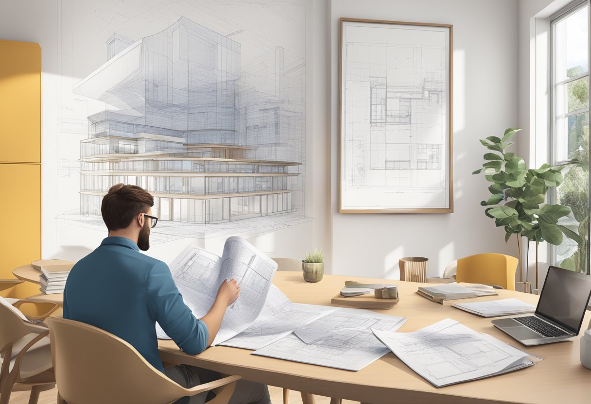 A person reading a book titled "Godkjenninger Hvordan bygge egen bolig?" with architectural plans and blueprints spread out on a table