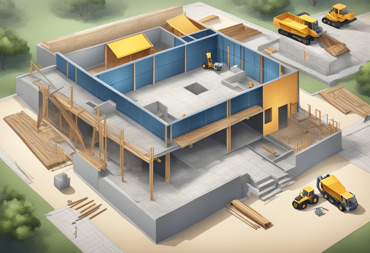 A construction site with a blueprint, tools, and materials for building a house