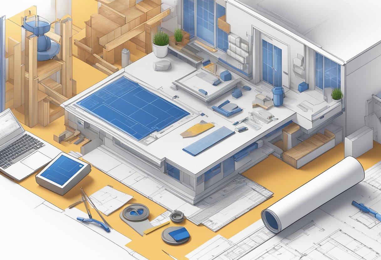 A blueprint of a house with construction materials and tools scattered around. A computer displaying project management software
