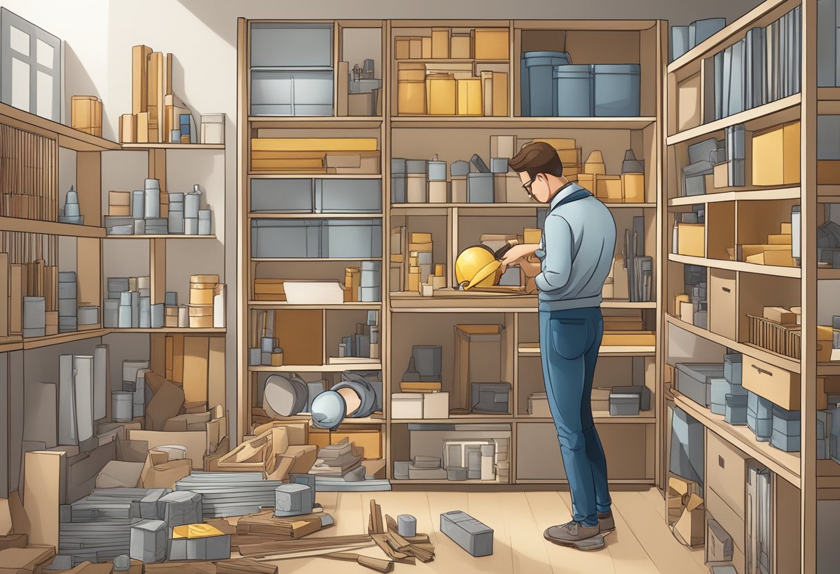 A person choosing building materials for a new home, surrounded by various samples and tools