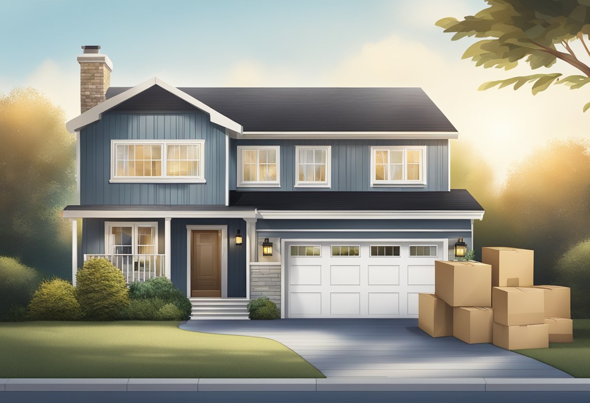 A completed house with moving boxes outside