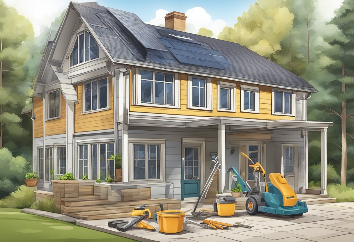 A house being maintained, with tools and materials for building a new home nearby