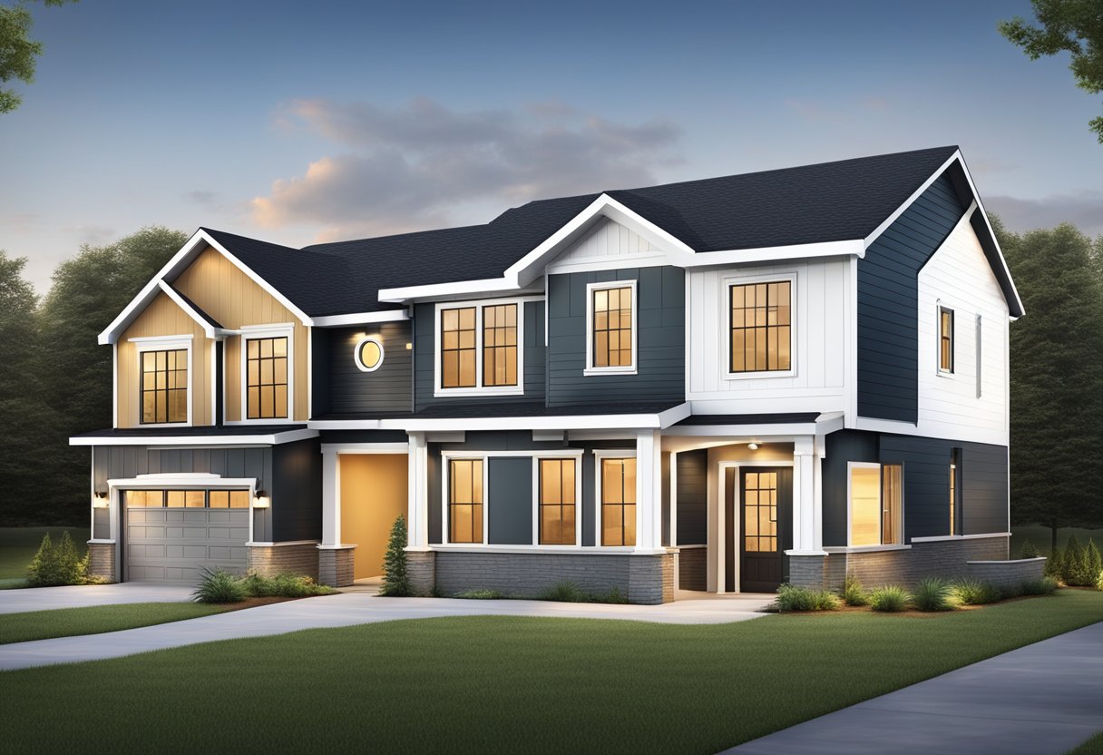 A modern, spacious new home with sleek design and energy-efficient features. It stands next to an older, traditional single-family house, contrasting the benefits of new construction
