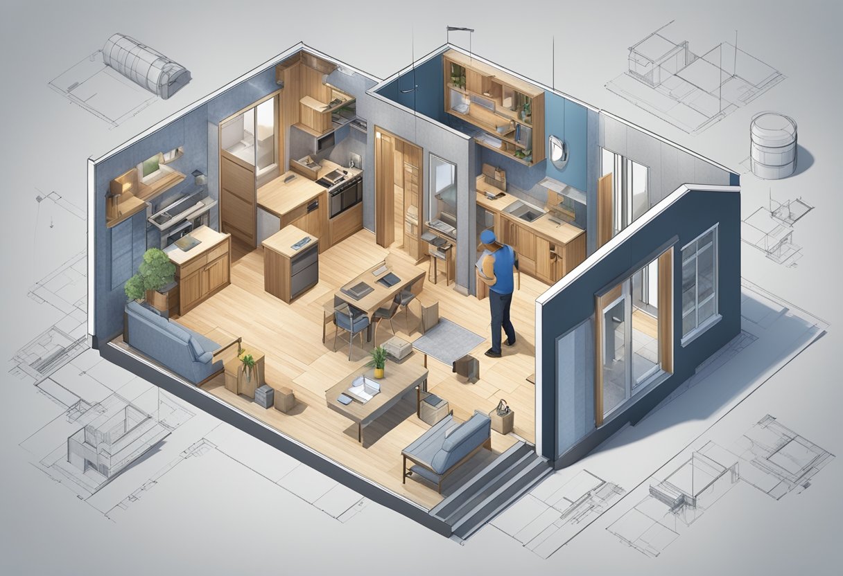 A person constructing their own home with tools and materials, surrounded by blueprints and architectural plans